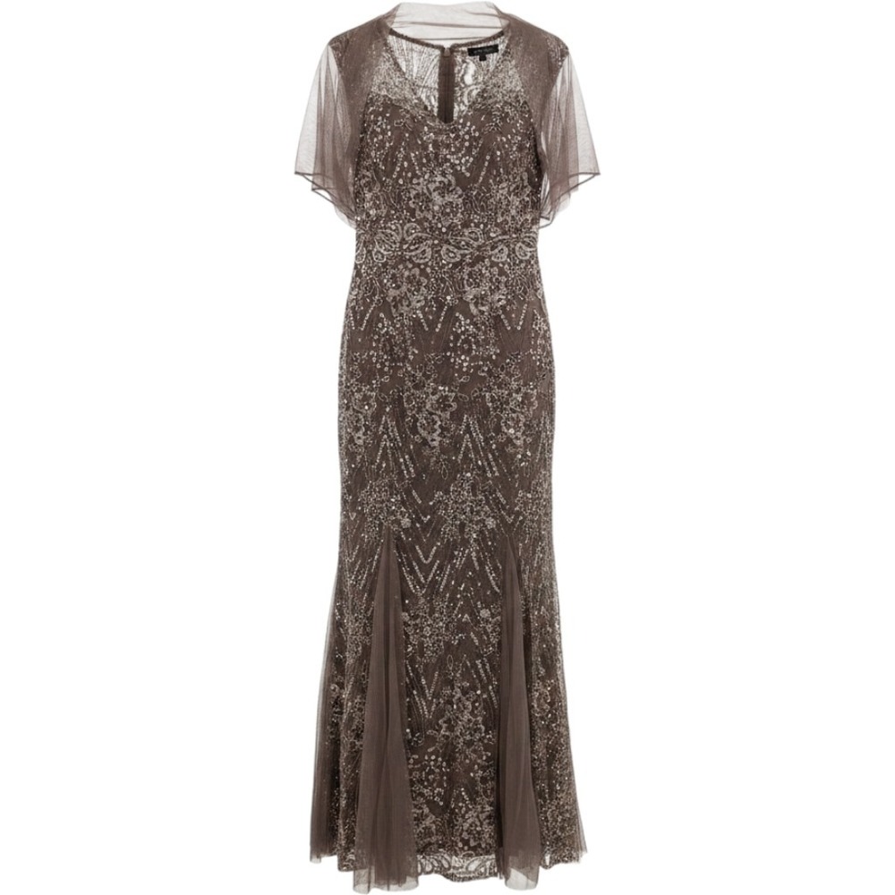 Alex Evenings NWT Rich Taupe Sequin Lace Floral V-Neck Maxi Gown w/ Shawl Sz 6
